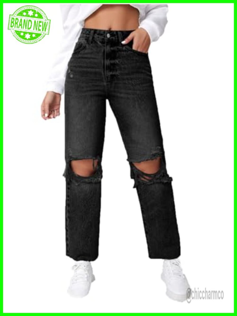 High Waist Ripped Distressed Cropped Straight Leg Denim Jeans